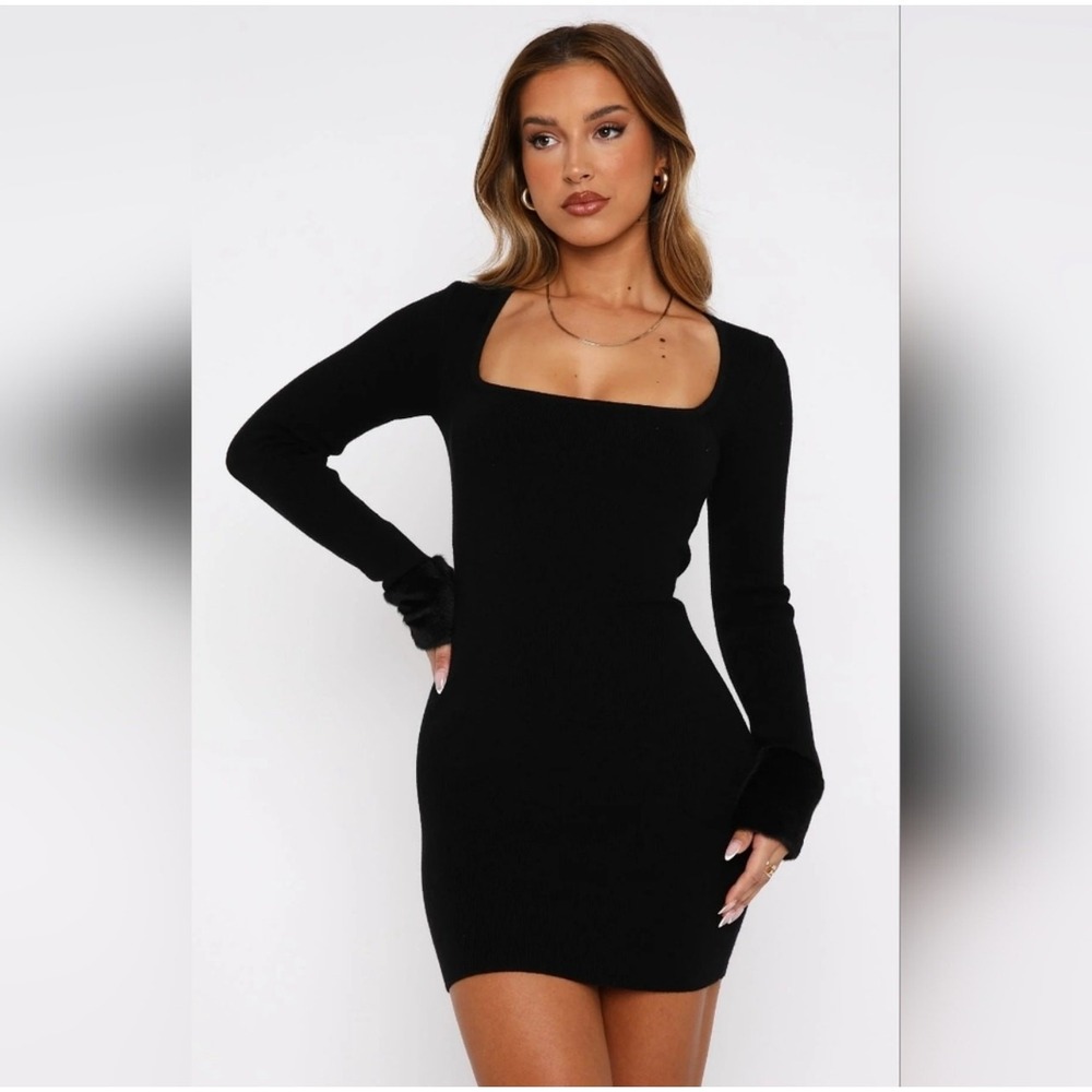 White Fox Mini Dress M Black Square Neck Faux Fur Cuff Bodycon Mob Wife Chic